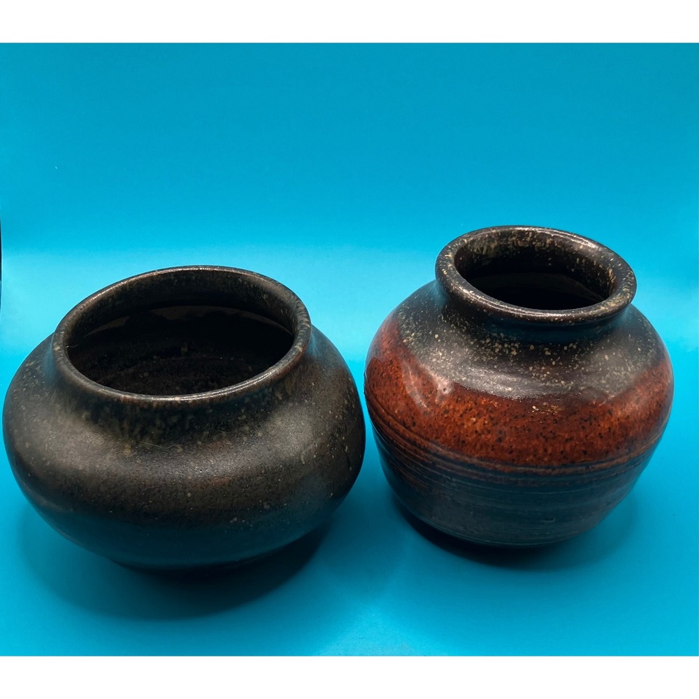 Studio Pottery Small Vase Set Brown Earthy Drip Glaze Stoneware